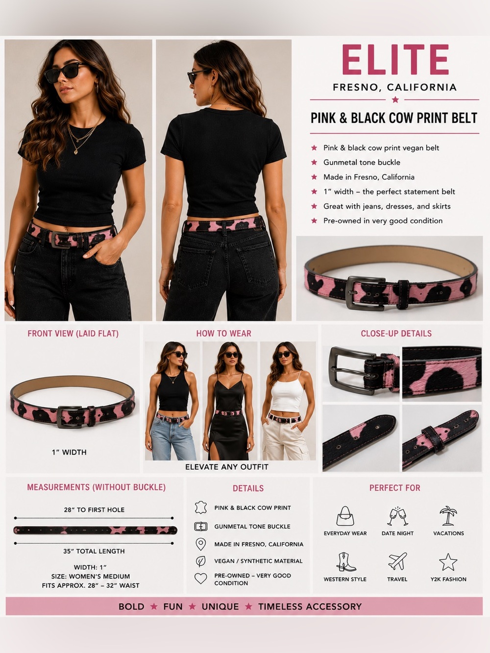 Elite Fresno California Pink Black Cow Print Belt Women's M 1"W